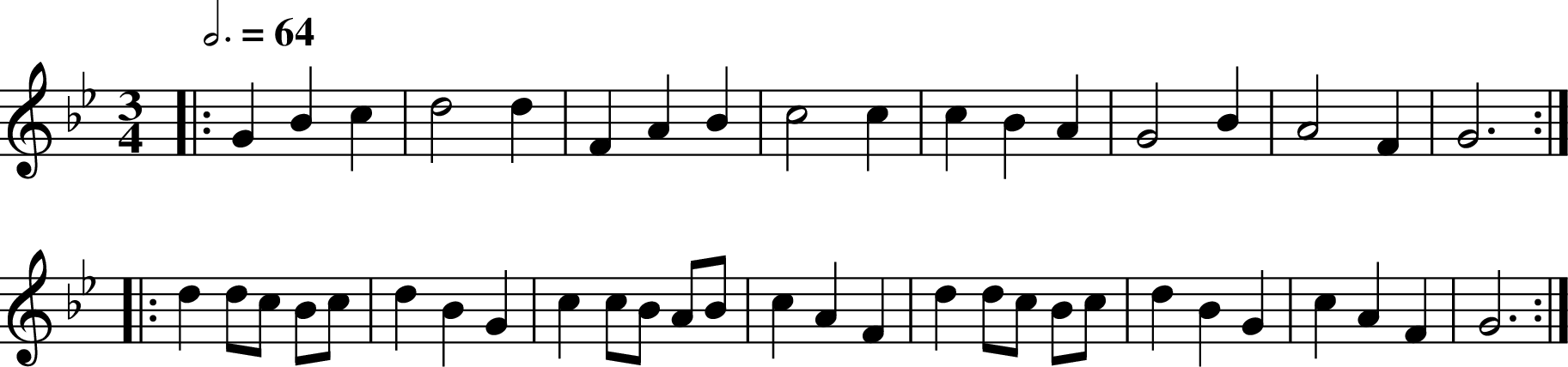 
X:429
M:3/4
L:1/8
Q:3/4=64
K:GMin
|: G2 B2 c2 | d4 d2 | F2 A2 B2 | c4 c2 | c2 B2 A2 | G4 B2 | A4 F2 | G6 :|
|: d2 dc Bc | d2 B2 G2 | c2 cB AB | c2 A2 F2 | d2 dc Bc | d2 B2 G2 | c2 A2 F2 | G6 :|
