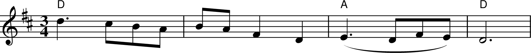 
X:2
M:3/4
K:D
"D" d3 cBA | BAF2D2 | "A" ( E3 DFE ) | "D" D6 |
