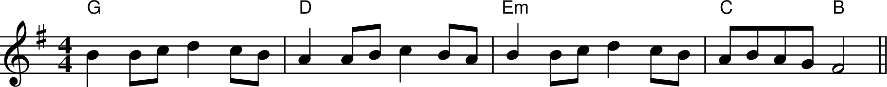 
X:1
M:4/4
K:Emin
"G" B2 Bc d2 cB | "D" A2 AB c2 BA | "Em" B2 Bc d2 cB | "C" ABAG "B" F4 ||

