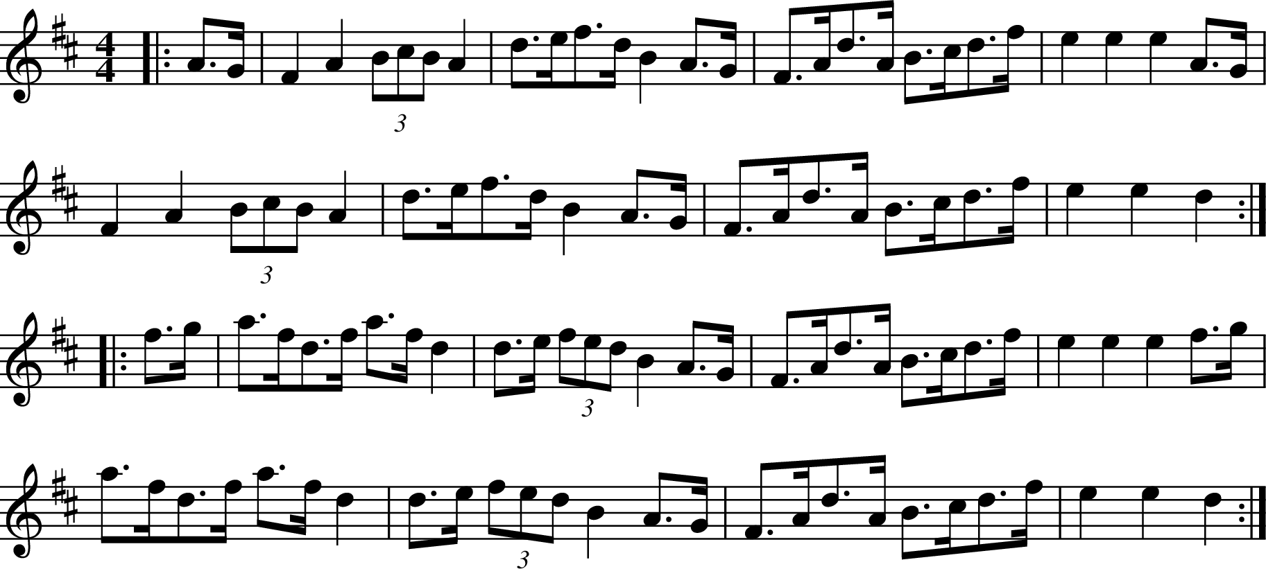 
X:1
R:hornpipe
M:4/4
L:1/8
K:Dmaj
|: A3/2G/2 | F2 A2 (3BcB A2 | d3/2e/2f3/2d/2 B2 A3/2G/2 | F3/2A/2d3/2A/2 B3/2c/2d3/2f/2 | e2 e2 e2 A3/2G/2 |
F2 A2 (3BcB A2 | d3/2e/2f3/2d/2 B2 A3/2G/2 | F3/2A/2d3/2A/2 B3/2c/2d3/2f/2 | e2 e2 d2 :|
|: f3/2g/2 | a3/2f/2d3/2f/2 a3/2f/2 d2 | d3/2e/ (3fed B2 A3/2G/2 | F3/2A/2d3/2A/2 B3/2c/2d3/2f/2 | e2 e2 e2 f3/2g/2|
a3/2f/2d3/2f/2 a3/2f/2 d2 | d3/2e/ (3 fed B2 A3/2G/2 | F3/2A/2d3/2A/2 B3/2c/2d3/2f/2 | e2 e2 d2 :|
