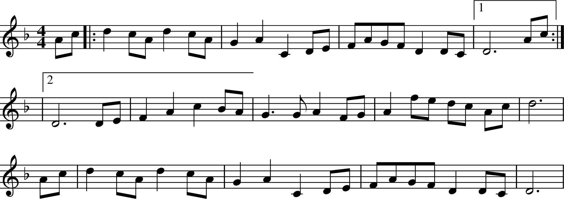 
X: 1
Z:2006 John Chambers <jc@trillian.mit.edu>
R:air
M:4/4
K:Dm
Ac |: d2 cA d2 cA | G2 A2 C2 DE | FAGF D2 DC |1 D6 Ac:|
|2 D6 DE | F2 A2 c2 BA | G3 G A2 FG | A2 fe dc Ac | d6 |
Ac|d2 cA d2 cA|G2 A2 C2 DE|FAGF D2 DC| D6 |
