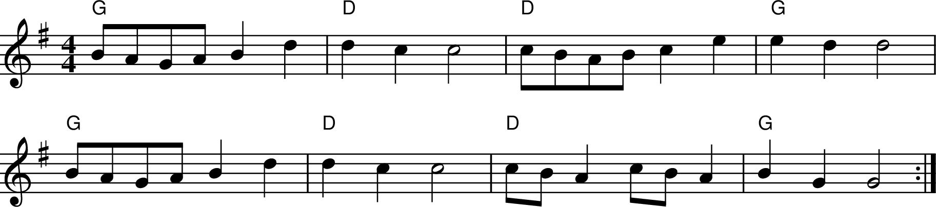 
X:3
M:4/4
K:G
"G" BAGA B2 d2 | "D" d2 c2 c4 | "D" cBABc2 e2 | "G" e2 d2 d4 |
"G" BAGA B2 d2 | "D" d2 c2 c4 | "D" cBA2 cBA2 | "G" B2 G2 G4 :|
