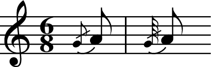 
X:5
R:jig
M:6/8
L:1/8
K:C
{/G}A | {/G/8}A

