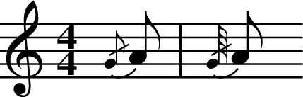 
X:5
M:4/4
L:1/8
K:C
{/G}A | {/G/8}A
