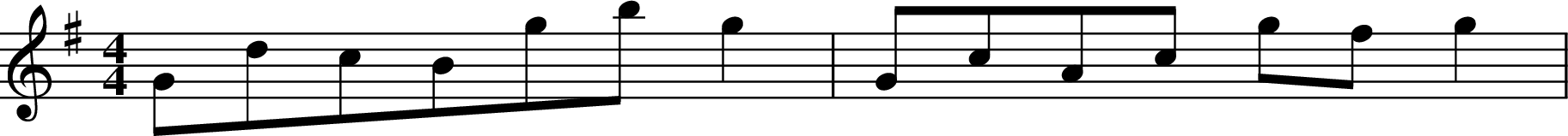 
X:1
K:G
M:4/4
GdcBgbg2 | GcAc gf g2 |
