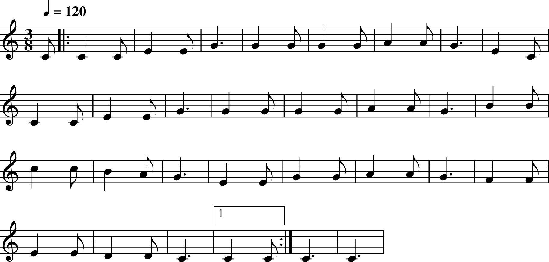 
X:3
M:3/8
L:1/8
Q:1/4=120
K:Cmaj
C |: C2C | E2E | G3 | G2G | G2G | A2A | G3 | E2C |
C2C | E2E | G3 | G2G | G2 G | A2 A | G3 | B2 B |
c2c | B2A | G3 | E2E | G2G | A2A | G3 | F2F |
E2E | D2D | C3 |1 C2 C :| C3 | C3 |
