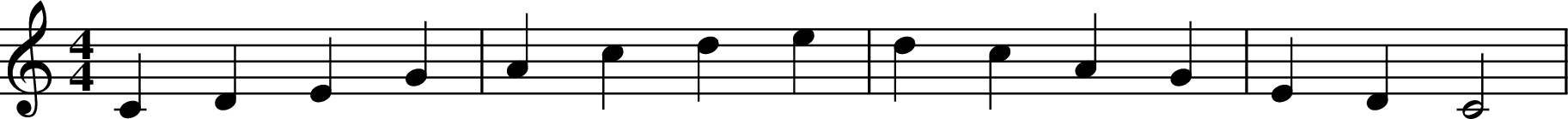 
X:1
M:4/4
L:1/4
K:C
C D E G | A c d e | d c A G | E D C2 |
