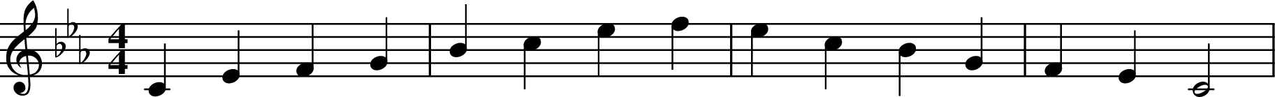 
X:1
M:4/4
L:1/4
K:Cm
C E F G | B c e f | e c B G | F E C2 |
