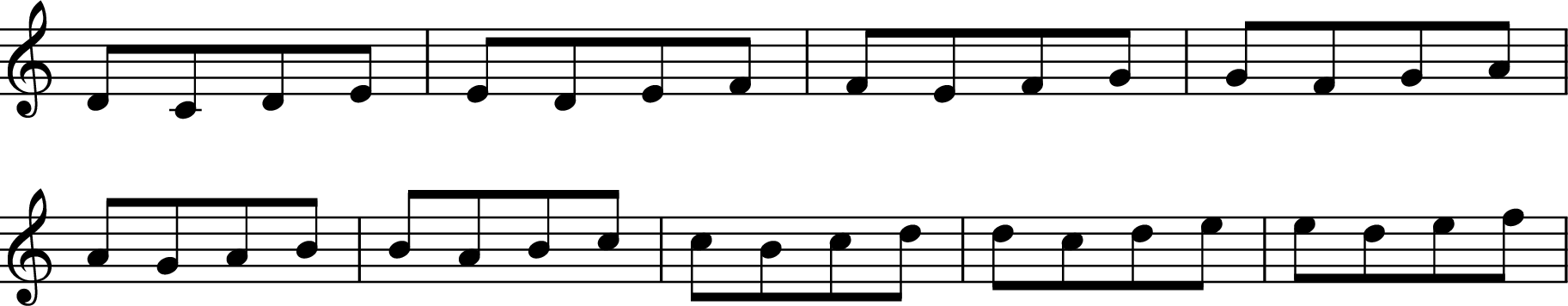
X:3
M:none
L:1/8
K:C
DCDE | EDEF | FEFG | GFGA |
AGAB | BABc | cBcd | dcde | edef |
