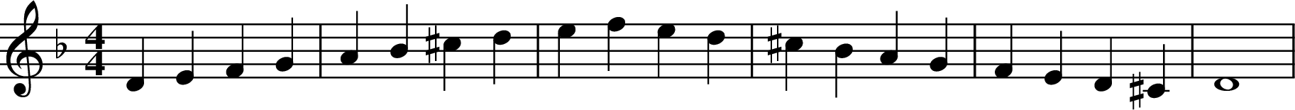 
X:1
K:Dm
M:4/4
L:1/4
D E F G | A B ^c d | e f e d | ^c B A G | F E D ^C | D4 |
