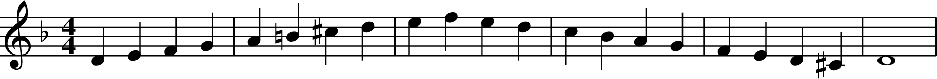 X: 1
K: Dm
M:4/4
L: 1/4
D E F G | A =B ^c d | e f e d | c B A G | F E D ^C | D4 |