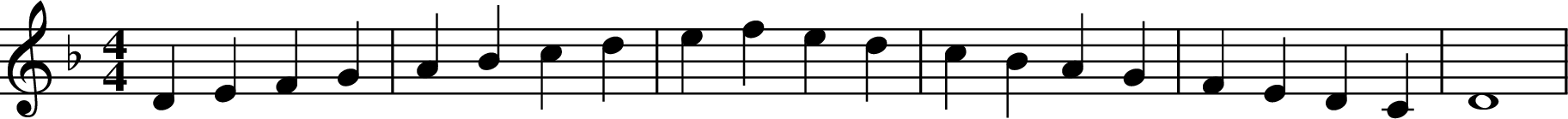 
X:1
K:Dm
M:4/4
L:1/4
D E F G | A B c d | e f e d | c B A G | F E D C | D4 |
