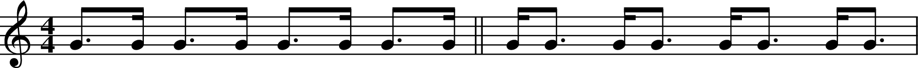 
X:5
M:4/4
L:1/8
K:Cmaj
G>G G>G G>G G>G || G<G G<G G<G G<G |
