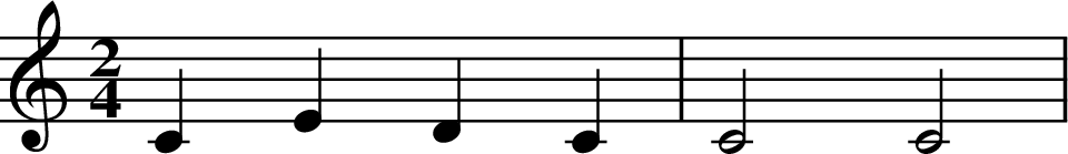 
X:1
M:2/4
L:1/4
K:C
CEDC | C2 C2 |
