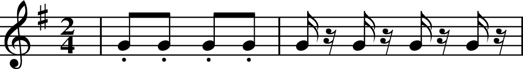 
X:1
M:2/4
L:1/8
K:Gmaj
| .G.G .G.G | G/ z/ G/ z/ G/ z/ G/ z/ |
