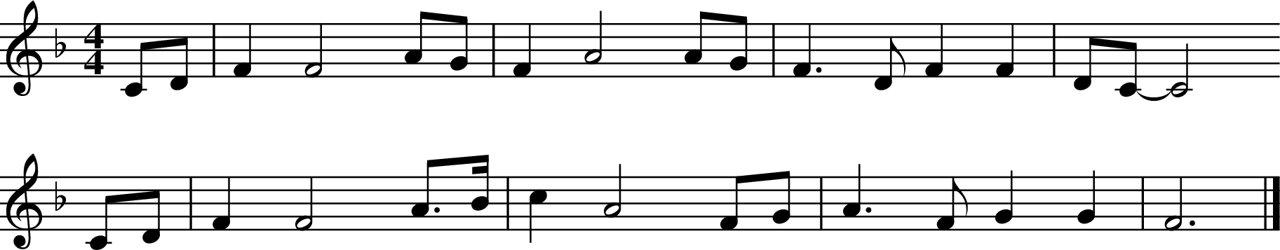 
X:218
% last edit 03-02-2013
M:4/4
L:1/8
K:F
CD | F2 F4 AG | F2 A4\
AG | F3 D F2F2 | DC- C4
CD | F2 F4 A>B | c2 A4\
FG | A3 F G2G2 | F6 |]
