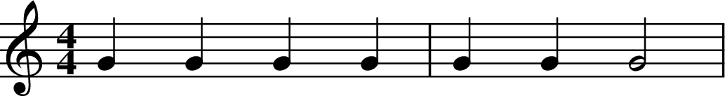 
X:1
M:4/4
L:1/4
K:C
G G G G | G G G2 |

