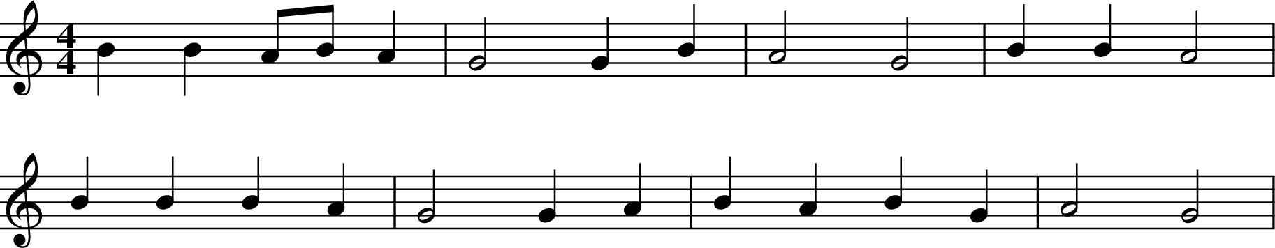 
X:2
M:4/4
L:1/4
K:C
B B A/2B/2 A | G2 G B | A2 G2 | B B A2 |
B B B A | G2 G A | B A B G | A2 G2 |
