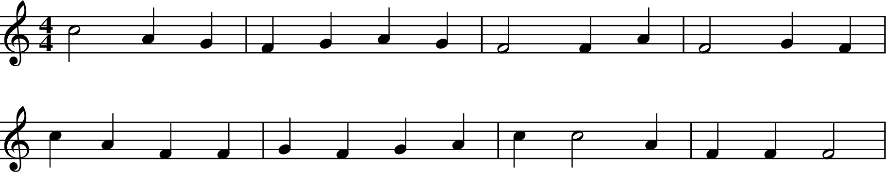 
X:3
M:4/4
L:1/4
K:C
c2 A G | F G A G | F2 F A | F2 G F |
c A F F | G F G A | c c2 A | F F F2 |
