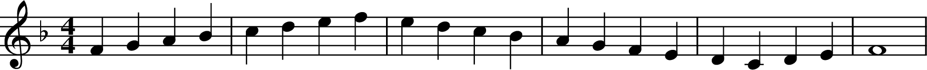 
X:1
K:F
M:4/4
L:1/4
F G A B | c d e f | e d c B | A G F E | D C D E | F4 |
