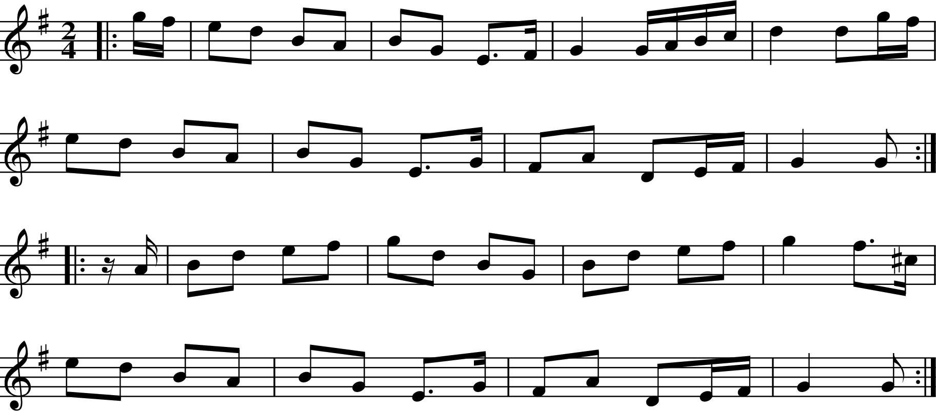 
X:1
R:polka
M:2/4
L:1/8
K:Gmaj
|: g/f/ | ed BA | BG E>F | G2 G/A/B/c/ | d2 dg/f/ |
ed BA | BG E>G | FA DE/F/ | G2 G :|
|: z/A/ | Bd ef | gd BG | Bd ef | g2 f>^c |
ed BA | BG E>G | FA DE/F/ | G2 G :|
