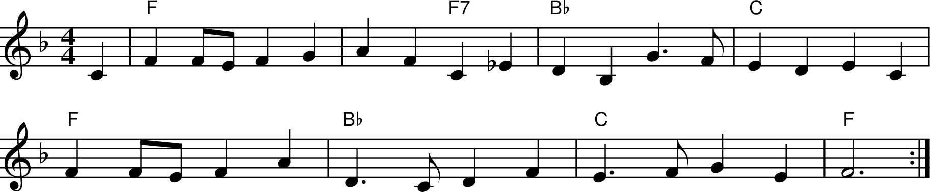 
X:1
M:4/4
L:1/8
K:Fmaj
C2 | "F" F2 FE F2 G2 | A2 F2 "F7" C2 _E2 | "Bb" D2 B,2 G3 F | "C" E2 D2 E2 C2 |
"F" F2 FE F2 A2 | "Bb" D3 C D2 F2 | "C" E3 F G2 E2 | "F" F6 :|
