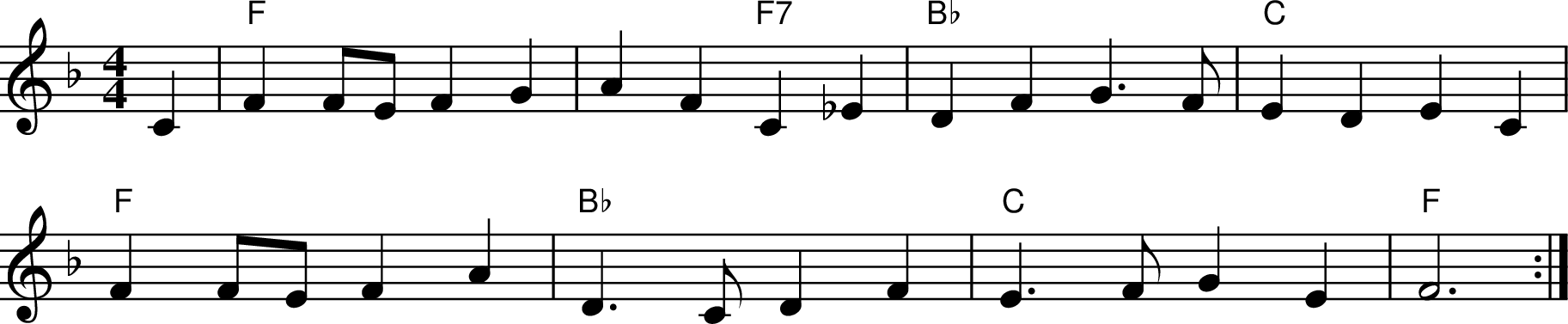 
X:1
M:4/4
L:1/8
K:Fmaj
C2 | "F" F2 FE F2 G2 | A2 F2 "F7" C2 _E2 | "Bb" D2 F2 G3 F | "C" E2 D2 E2 C2 |
"F" F2 FE F2 A2 | "Bb" D3 C D2 F2 | "C" E3 F G2 E2 | "F" F6 :|
