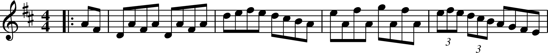 X: 1
M: 4/4
L: 1/8
K: Dmaj
|:AF|DAFA DAFA|defe dcBA|eAfA gAfA|(3efe (3dcB AGFE|