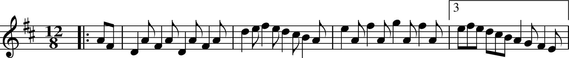 X: 1
M: 12/8
L: 1/8
K: Dmaj
|:AF|D2AF2A D2AF2A|d2ef2e d2cB2A|e2Af2A g2Af2A|3efe 3dcB A2GF2E|