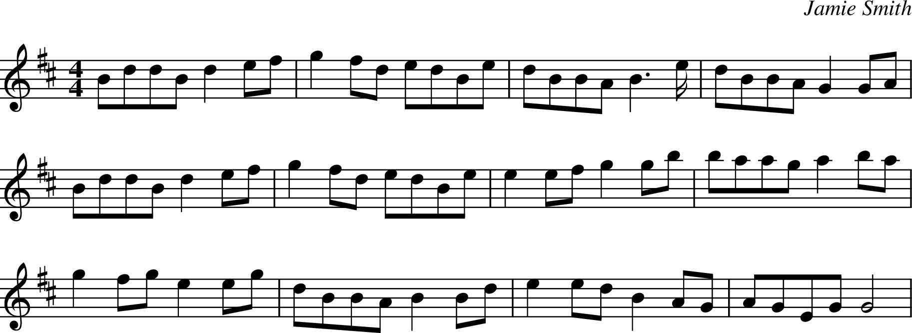 
X:1
C:Jamie Smith
M:4/4
L:1/8
K:Dmaj
BddB d2 ef | g2 fd edBe | dBBA B2>e | dBBA G2GA |
BddB d2 ef | g2 fd edBe | e2 ef g2 gb | baaga2 ba |
g2 fg e2 eg | dBBA B2 Bd | e2 ed B2 AG | AGEG G4 |
