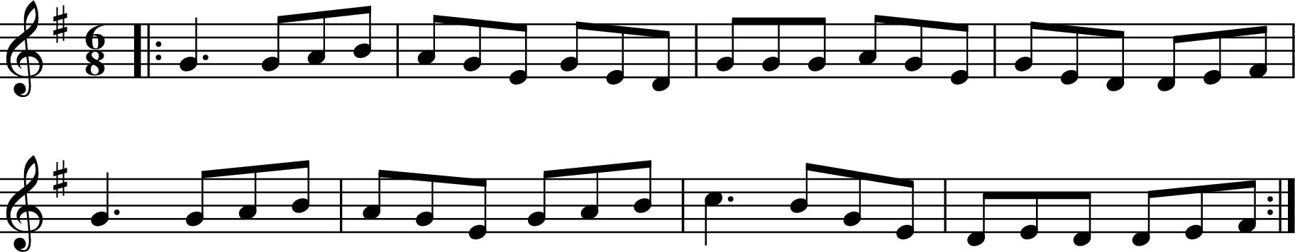 
X:1
R:jig
M:6/8
L:1/8
K:Gmaj
|: G3 GAB | AGE GED | GGG AGE | GED DEF |
G3 GAB | AGE GAB | c3 BGE | DED DEF :|
