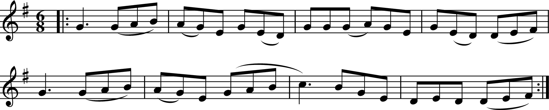 
X:1
R:jig
M:6/8
L:1/8
K:Gmaj
|: G3 (GAB) | (AG)E G(ED) | GG(G A)GE | G(ED) (DEF) |
G3 (GAB) | (AG)E (GAB | c3) BGE | DED (DEF) :|
