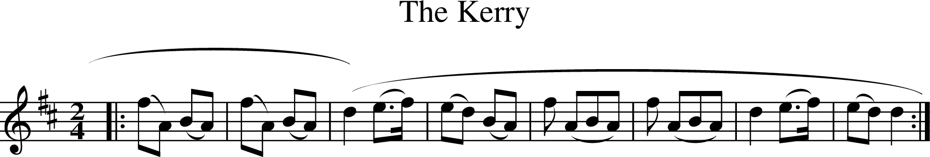 X: 1
T: The Kerry
R: polka
M: 2/4
L: 1/8
K: Dmaj
|: (fA) (BA) | (fA) (BA) | (d2) (e>f) | (ed) (BA) | f (ABA) | f (ABA) |d2 (e>f)| (ed) d2:|