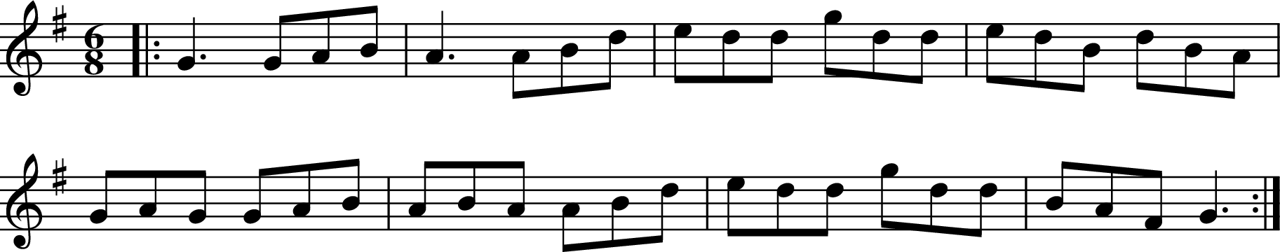 
X:1
M:6/8
L:1/8
K:Gmaj
|:G3 GAB| A3 ABd|edd gdd|edB dBA|
GAG GAB|ABA ABd|edd gdd|BAF G3:|
