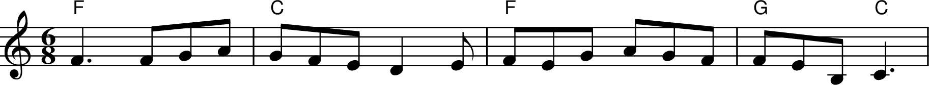 
X:1
M:6/8
L:1/8
K:Cmaj
"F" F3 FGA | "C" GFE D2E | "F" FEG AGF | "G" FE[B,] "C" C3 |
