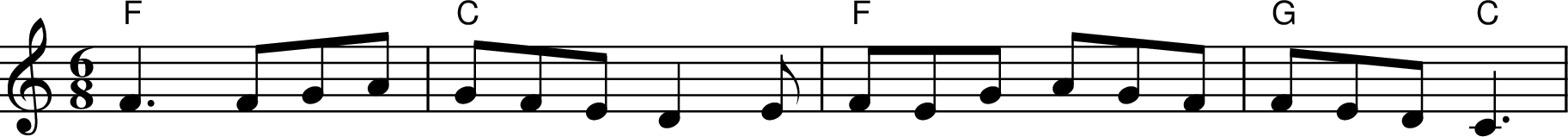 
X:1
M:6/8
L:1/8
K:Cmaj
"F" F3 FGA | "C" GFE D2E | "F" FEG AGF | "G" FED "C" C3 |
