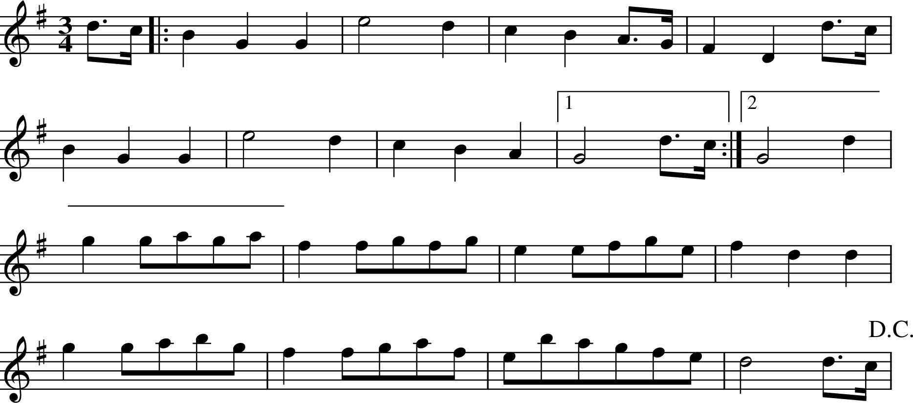 
X:1
R:waltz
M:3/4
L:1/8
K:Gmaj
d>c |: B2 G2 G2 | e4 d2 | c2 B2 A>G | F2 D2 d>c |
B2 G2 G2 | e4 d2 | c2 B2 A2 |1 G4 d>c :|2 G4 d2 |
g2 gaga | f2 fgfg | e2 efge | f2 d2 d2 |
g2 gabg | f2 fgaf | ebagfe | d4 d>c !D.C.!|
