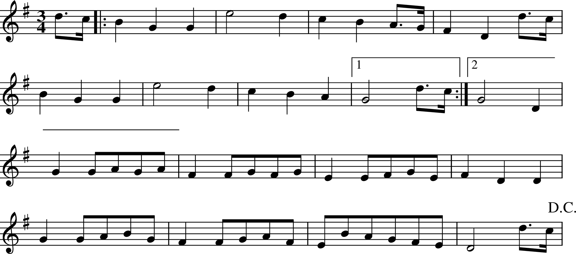 
X:1
R:waltz
M:3/4
L:1/8
K:Gmaj
d>c |: B2 G2 G2 | e4 d2 | c2 B2 A>G | F2 D2 d>c |
B2 G2 G2 | e4 d2 | c2 B2 A2 |1 G4 d>c :|2 G4 D2 |
G2 GAGA | F2 FGFG | E2 EFGE | F2 D2 D2 |
G2 GABG | F2 FGAF | EBAGFE | D4 d>c !D.C.!|
