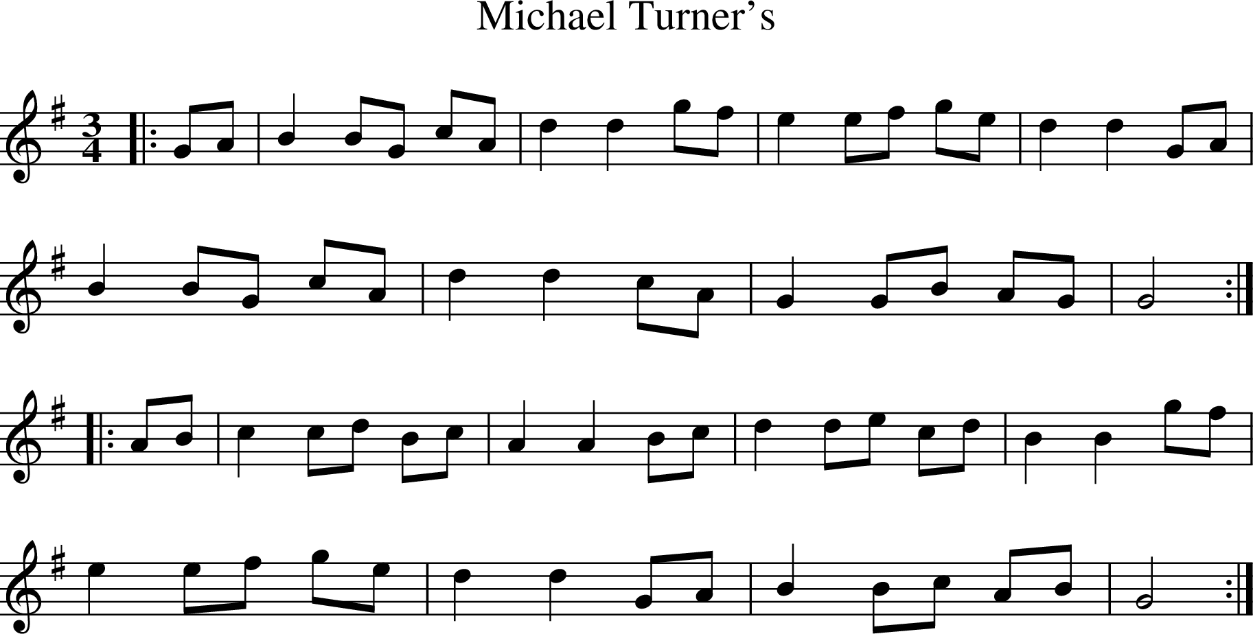
X:1
T:Michael Turner's
R:waltz
M:3/4
L:1/8
K:Gmaj
|: GA | B2 BG cA | d2 d2 gf | e2 ef ge | d2 d2 GA |
B2 BG cA | d2 d2 cA | G2 GB AG | G4 :|
|: AB | c2 cd Bc | A2 A2 Bc | d2 de cd | B2 B2 gf |
e2 ef ge | d2 d2 GA | B2 Bc AB | G4 :|
