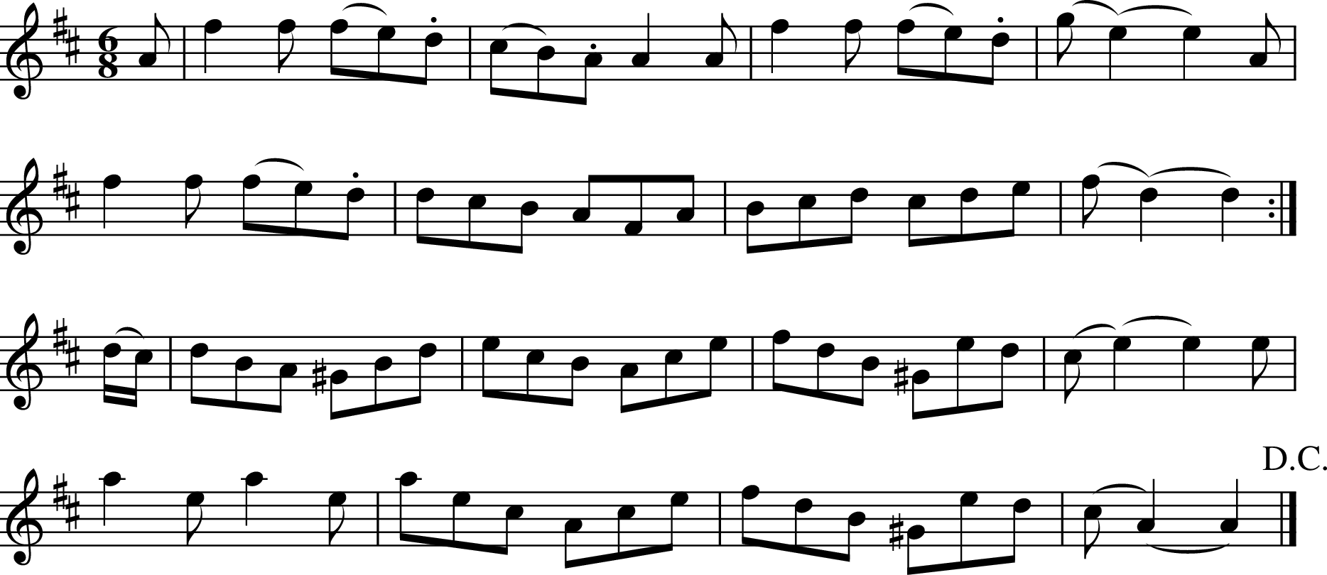 
X:040
M:6/8
L:1/8
R:Country Dance
B:T. Westrop&rsquo;s 120 Country Dances, 1860&rsquo;s, p. 8, no. 40
Z:VMP-R.Greig 2010
K:D
A | f2f (fe).d | (cB).AA2A | f2f (fe).d | (g(e2)e2)A |
f2f (fe).d | dcB AFA | Bcd cde | (f(d2)d2) :|
(d/c/) | dBA ^GBd | ecB Ace | fdB ^Ged | (c(e2)e2)e |
a2ea2e | aec Ace | fdB ^Ged | (c(A2)A2)+D.C.+ |]
