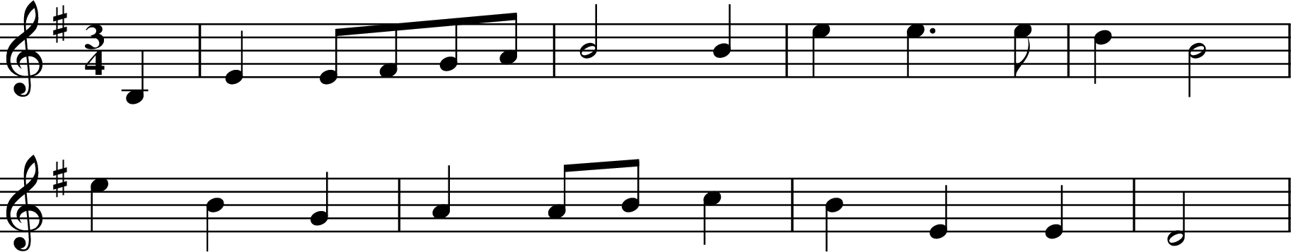 
X:1
M:3/4
L:1/8
K:G
B,2 | E2 EFGA | B4 B2 | e2 e3 e | d2 B4 |
e2 B2 G2 | A2 ABc2 | B2 E2 E2 | D4 |
