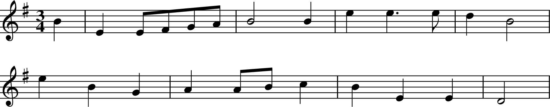 
X:1
M:3/4
L:1/8
K:G
B2 | E2 EFGA | B4 B2 | e2 e3 e | d2 B4 |
e2 B2 G2 | A2 ABc2 | B2 E2 E2 | D4 |
