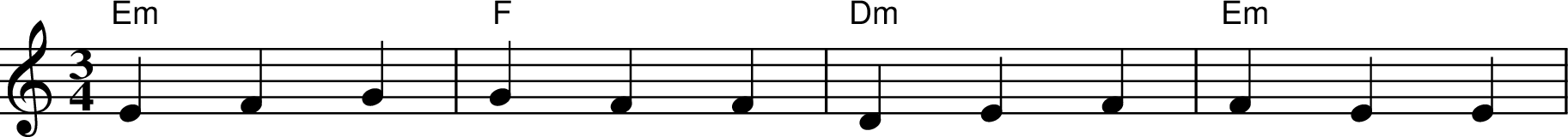 
X:1
M:3/4
L:1/4
K:Cmaj
"Em" EFG | "F" GFF | "Dm" DEF | "Em" FEE |
