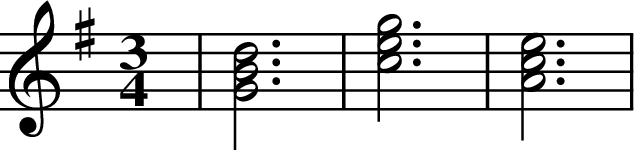 
X:1
R:waltz
M:3/4
L:1/4
K:Gmaj
| [G3B3d3] | [c3e3g3] | [A3c3e3] |
