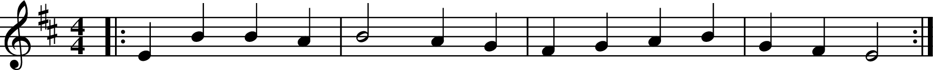 
X:1
R:polka
M:4/4
L:1/4
K:Edor
|: EB BA | B2 AG | FG AB | GF E2 :|
