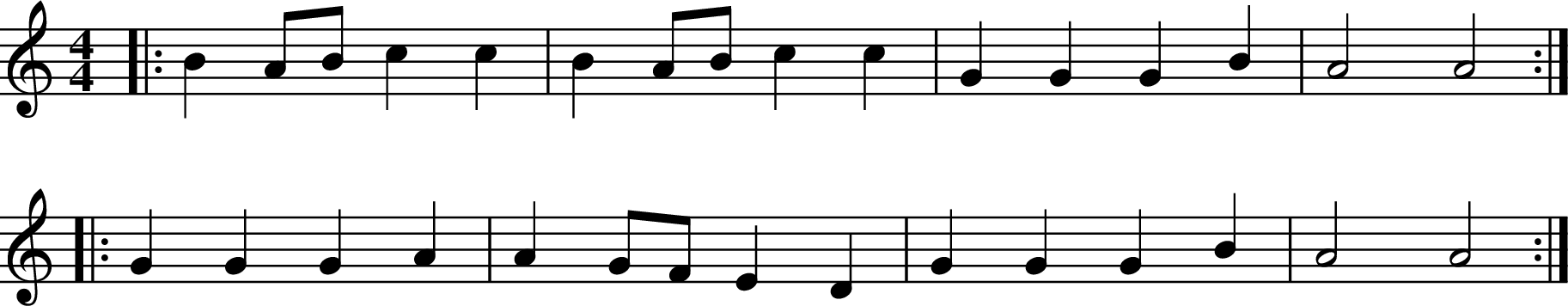 
X:1
K:C
M:4/4
L:1/8
|: B2 AB c2 c2 | B2 AB c2 c2 | G2 G2 G2 B2 | A4 A4 :|
|: G2 G2 G2 A2 | A2 GF E2 D2 | G2 G2 G2 B2 | A4 A4 :|
