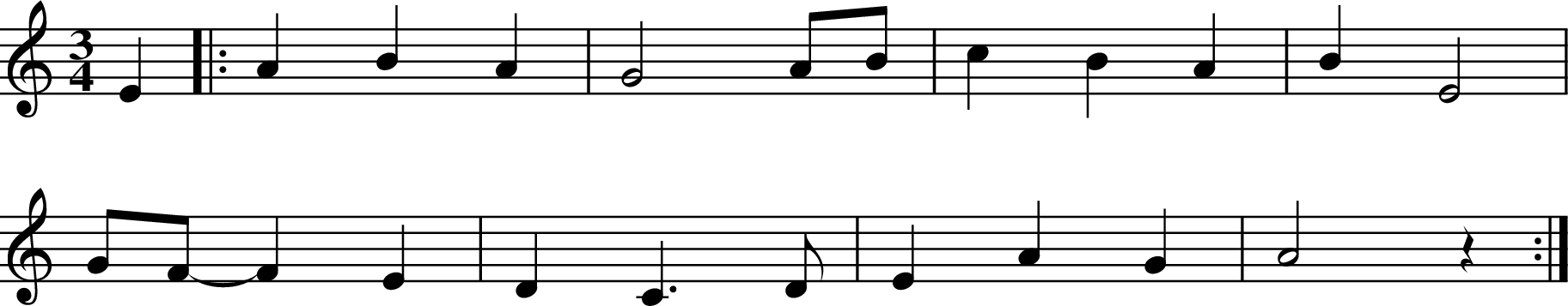 X:1
K:C
M:3/4
L:1/8
E2 |: A2 B2 A2 | G4 AB | c2 B2 A2 | B2 E4 |
GF-F2 E2 | D2 C3 D | E2 A2 G2 | A4 z2 :|