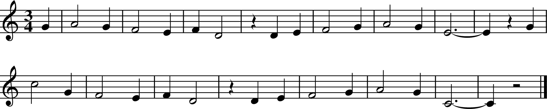 
X:1
K:C
M:3/4
L:1/8
G2 | A4 G2 | F4 E2 | F2 D4 | z2 D2 E2 | F4 G2 | A4 G2 | E6- | E2 z2 G2 |
c4 G2 | F4 E2 | F2 D4 | z2 D2 E2 | F4 G2 | A4 G2 | C6- | C2 z4 |]
