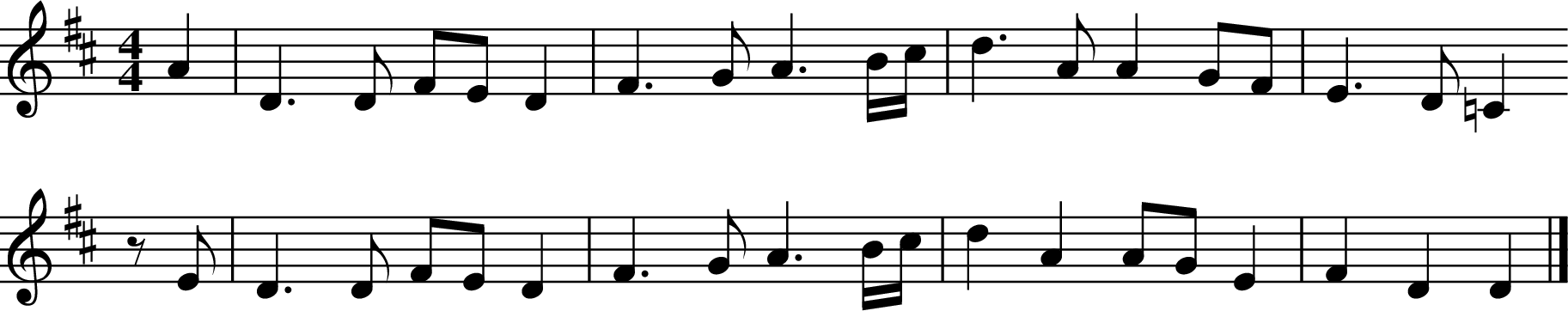 
X:564
M:4/4
L:1/8
K:EDor
A2 | D3 D FE D2 | F3 G A3 \
B/c/ | d3 A A2 GF | E3 D =C2
zE | D3 D FE D2 | F3 G A3 \
B/c/ | d2 A2 AG E2 | F2 D2 D2 |]
