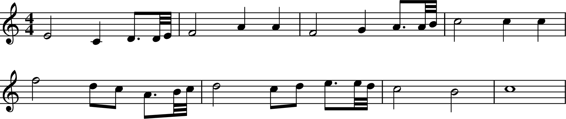 
X:1
M:4/4
K:C
L:1/16
E8 C4 D3D/E/ | F8 A4 A4 | F8 G4 A3A/B/ | c8 c4 c4 |
f8 d2c2 A3B/c/ | d8 c2d2 e3e/d/ | c8 B8 | c16 |
